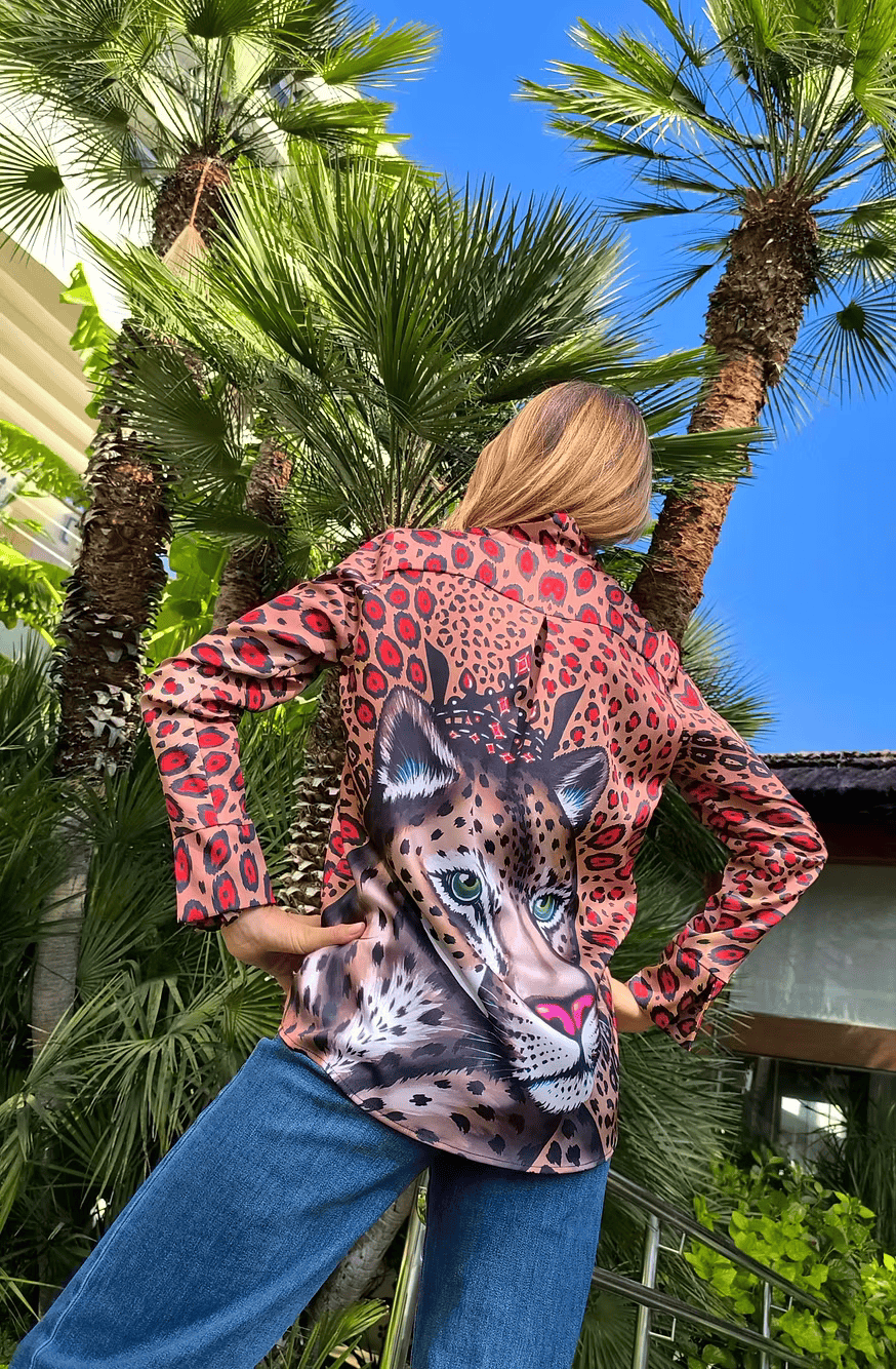 Leopardo Rosso Camicia Maniche Lunghe