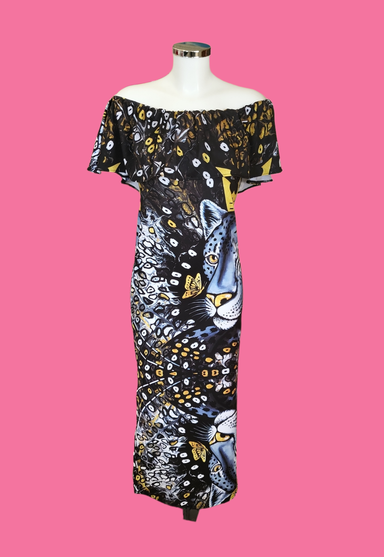 Farfalla Dorata&Leopardo Vestito Lungo con Volant