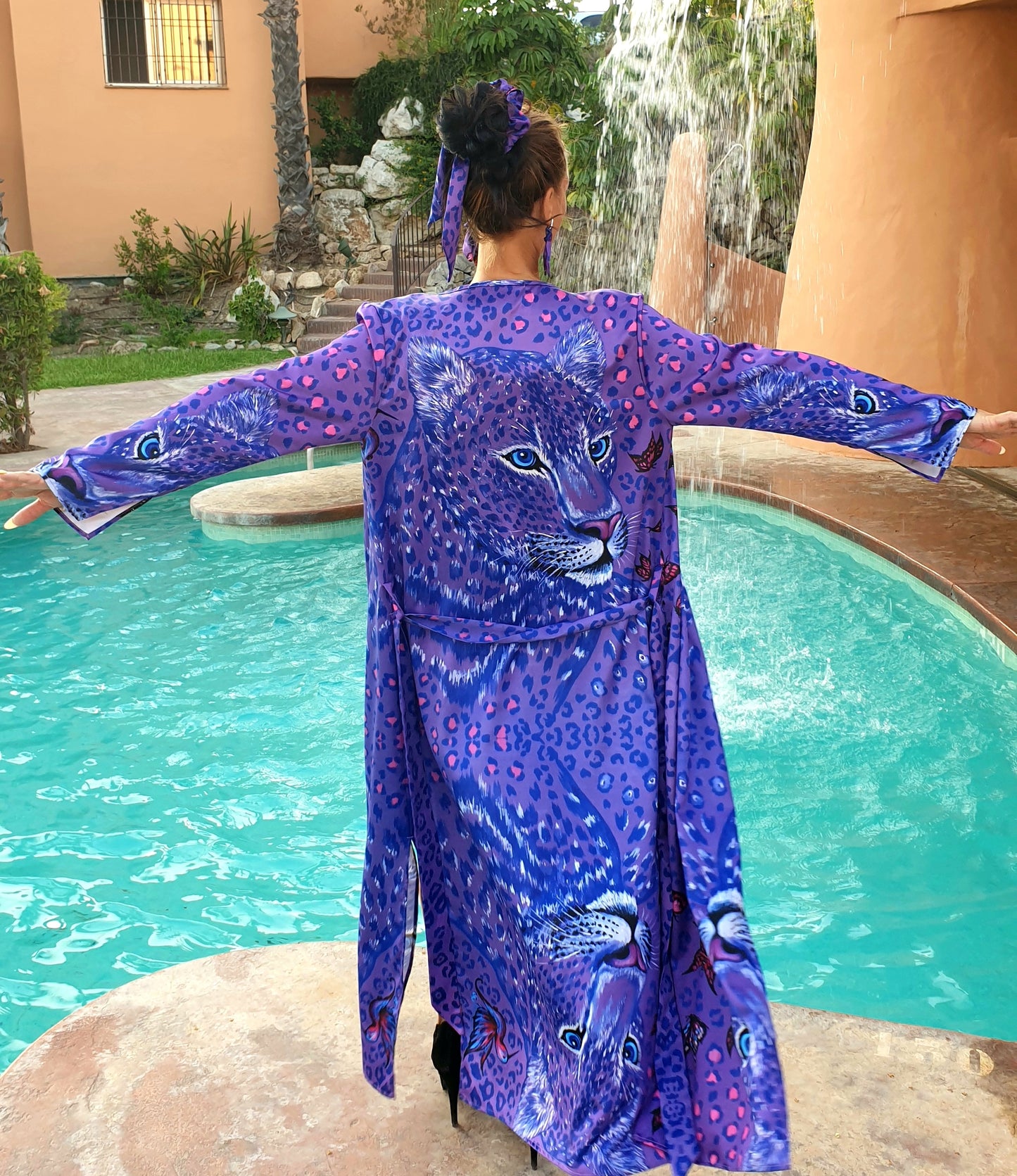 Leopardo Viola Kimono Lungo