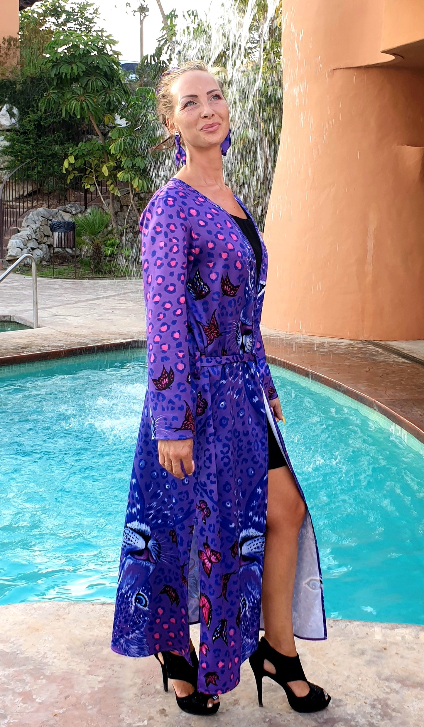 Leopardo Viola Kimono Lungo