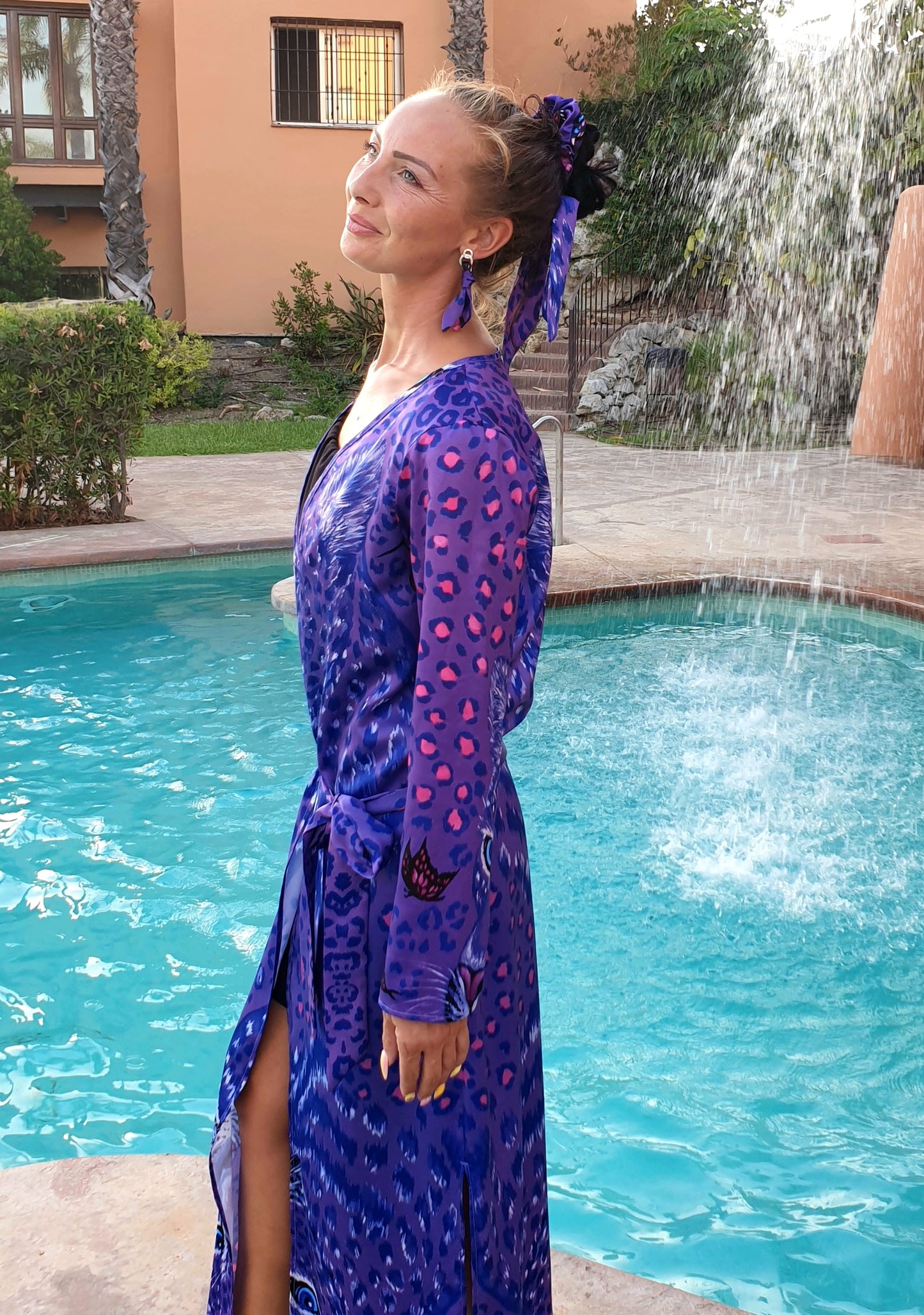 Leopardo Viola Kimono Lungo