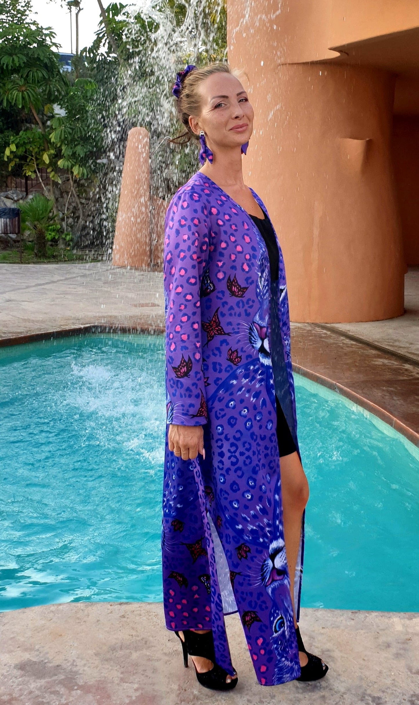 Leopardo Viola Kimono Lungo