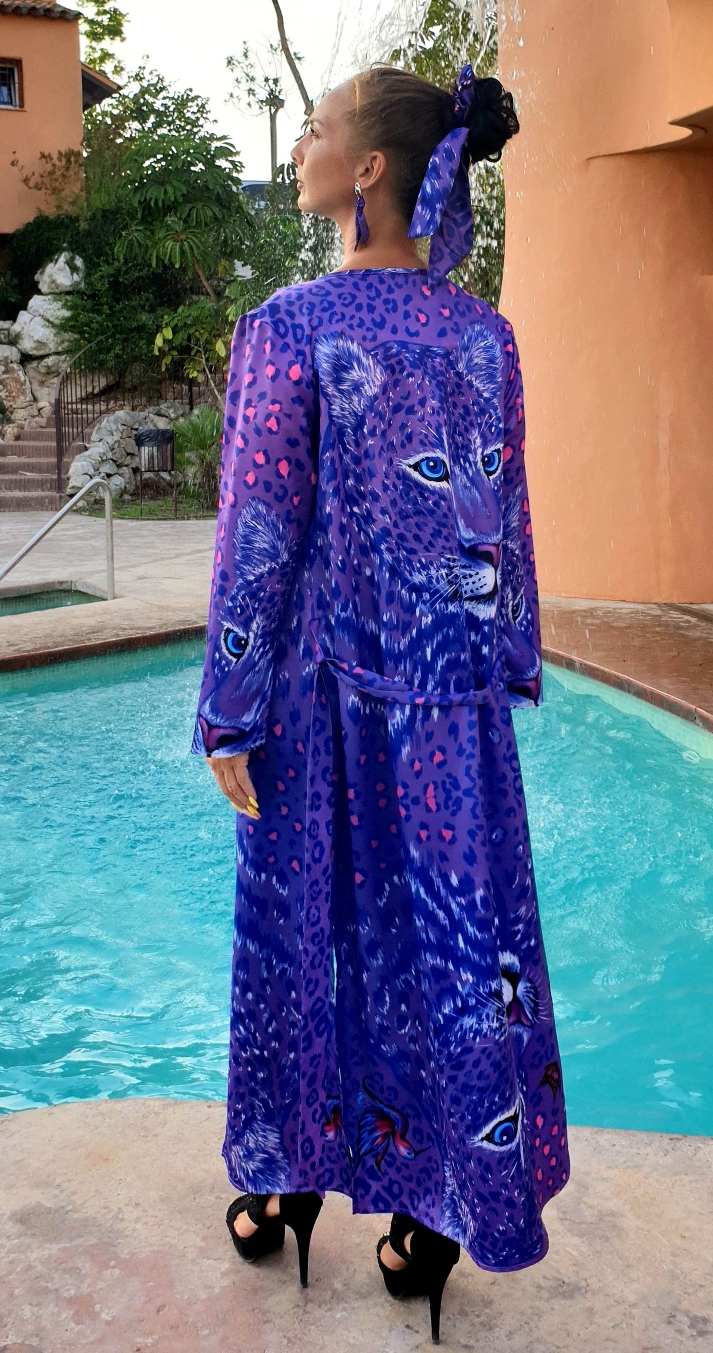 Leopardo Viola Kimono Lungo