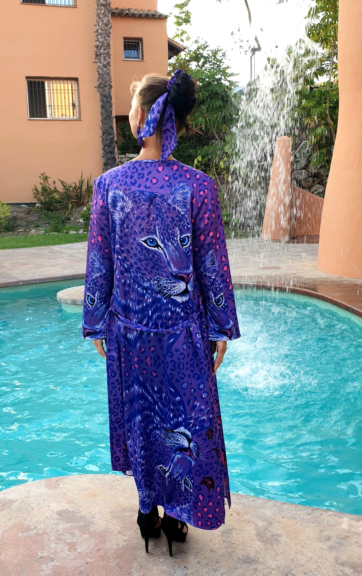 Leopardo Viola Kimono Lungo